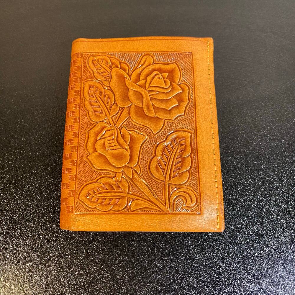 Vintage 1970s Hand Tooled Rose Leather Bifold Wallet